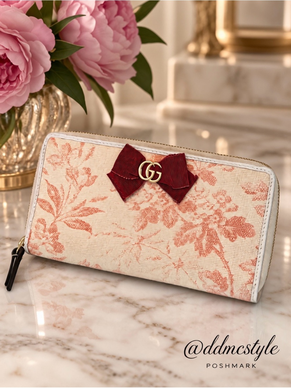Gucci Cream Canvas Long Ziparound Wallet w Red Bow + Coral Floral Print + Dusty